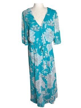 Studio One V Neck Maxi Dress 16W Blue White Floral Elastic Waist Belt Zipper